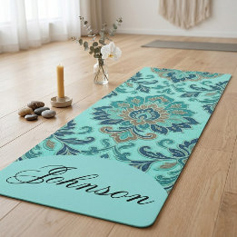 Elegant Damasks Mandala Zen Sacred Geometry Teal Yoga Mat