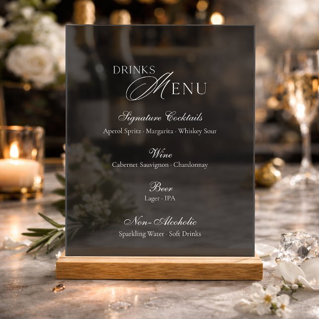 Elegant Dark Acrylic Wedding Drinks Menu Sign (Creator Uploaded)