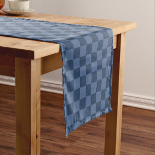 Elegant Dark and Light Blue Chequerboard Pattern Short Table Runner