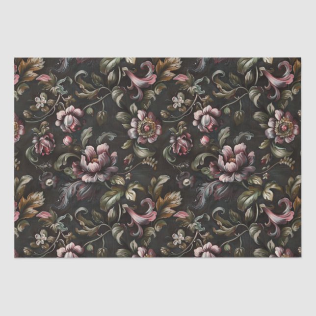 Elegant Dark Baroque Painting Flowers Decoupage Tissue Paper (Front)