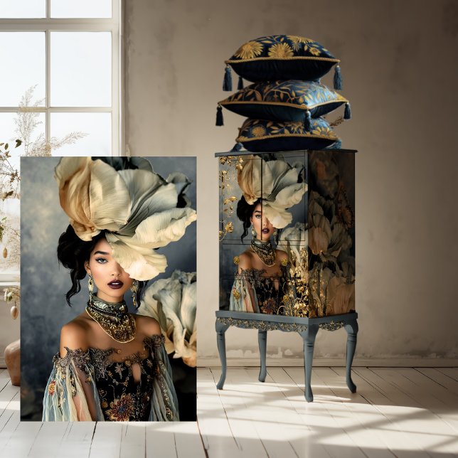 Elegant Dark Beauty, Moody Blue Florals Tissue Paper (Luxe Blooms, Elegant, Dark Beauty Portrait & Moody Blue Floral, Statement Art, furniture decoupage )