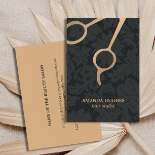 Elegant Dark Black Lace Gold Scissor Hair Stylist Business Card