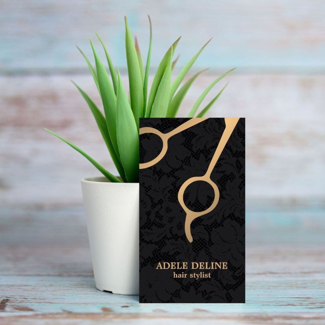 Elegant Dark Black Lace Gold Scissor Hair Stylist Business Card (Creator Uploaded)