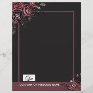 Elegant Dark Black Romantic Rose Floral Design Custom Letterhead