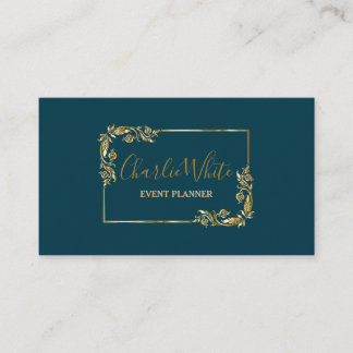 Elegant Dark Bleu And Floral Gold Leaf QR Business Card