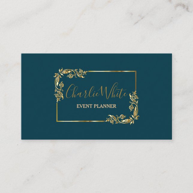 Elegant Dark Bleu And Floral Gold Leaf QR  Business Card (Front)