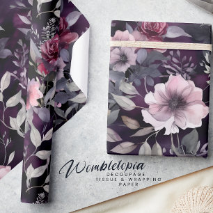 Elegant Dark Blossom Purple & Pink Roses Decoupage Wrapping Paper