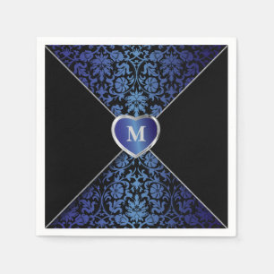 Elegant Dark Blue and Black Damask Monogram Napkin