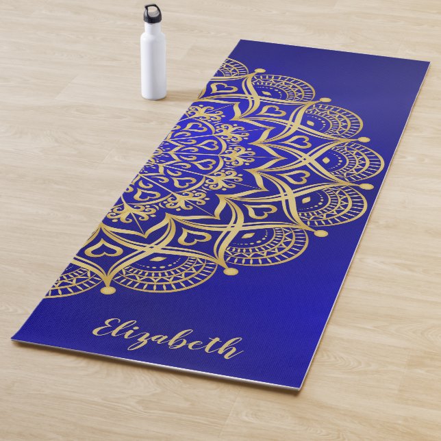 Elegant Dark Blue and Gold Mandala Monogrammed Yoga Mat (In Situ)