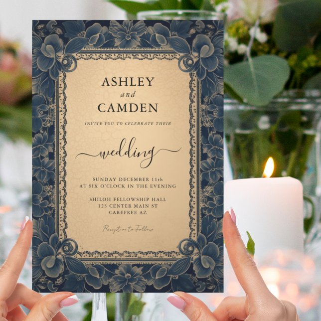 Elegant Dark Blue and Gold Wedding Invitation (Creator Uploaded)