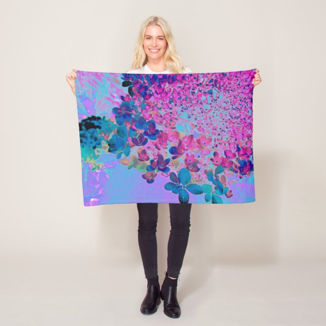 Elegant Dark Blue and Magenta Limelight Hydrangea Fleece Blanket (In Situ)