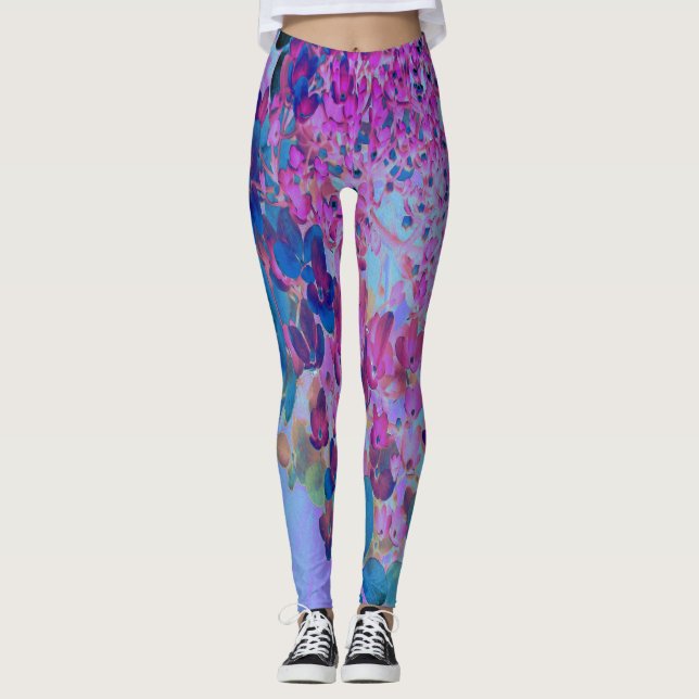 Elegant Dark Blue and Magenta Limelight Hydrangea Leggings (Front)