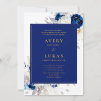 Elegant Dark Blue and Yellow Floral Wedding Invita