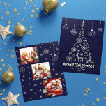 Elegant Dark Blue Christmas Tree 3 Photo Collage Holiday Card<br><div class="desc">This design features a minamalist Dark navy blue christmas tree silhoutte made up of christmas illustrations such as snowflakes, holly and berries, reindeer, bells, candy cane and more. You can customise all the text. On the back is a 3 photo collage layout where you can upload your own family photos....</div>
