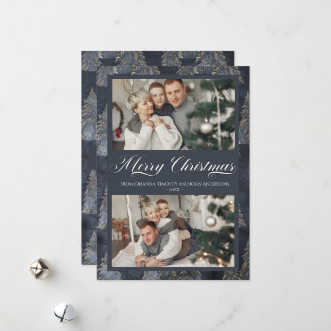 Elegant Dark Blue Christmas Tree  Family Photo Holiday Card (Front/Back In Situ)