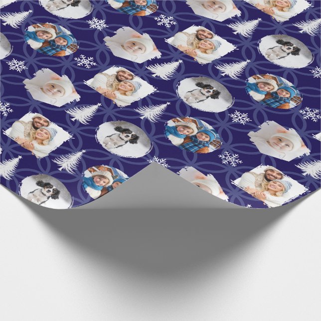 Elegant Dark Blue Custom Photo Gallery Christmas Wrapping Paper (Corner)