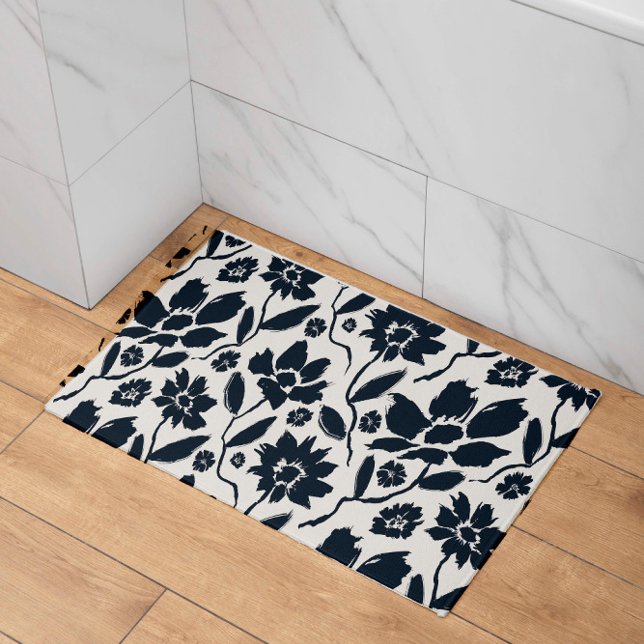 Elegant Dark Blue Floral Cream Canvas  Bath Mat (Creator Uploaded)
