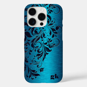 Elegant Dark Blue Floral Swirl On Metallic Blue iPhone 16 Pro Case