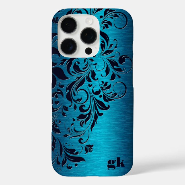Elegant Dark Blue Floral Swirl On Metallic Blue Case-Mate iPhone Case (Back)