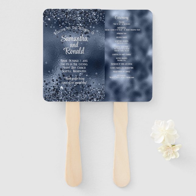 Elegant Dark Blue Glitter & Foil Wedding Program Hand Fan (Front and Back)