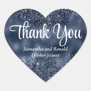 Elegant Dark Blue Glitter & Foil Wedding Thank You Heart Sticker