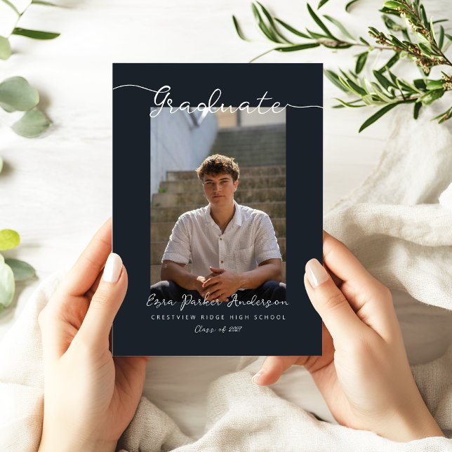 Elegant Dark Blue Graduate Announcement with Photo (Modern dark blue photo grad announcement card)