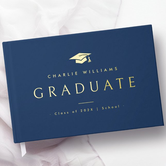 Elegant dark blue graduation cap graduate name guest book (Elegant dark blue graduation cap graduate name foil guest book)