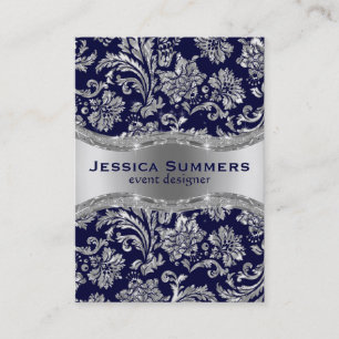 Elegant Dark Blue & Metallic Silver Floral Damasks Business Card