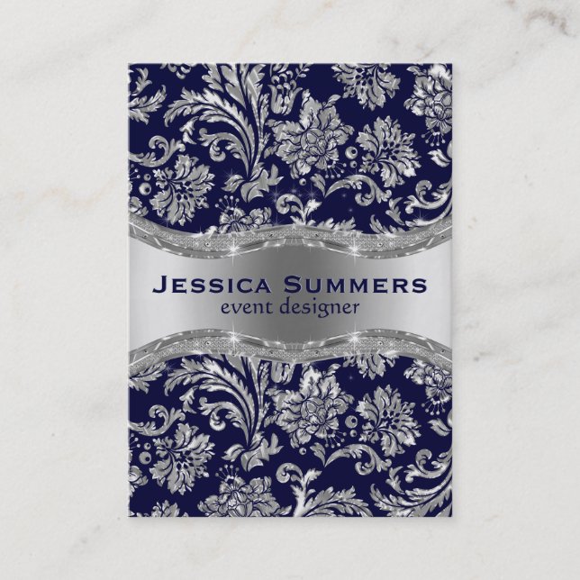Elegant Dark Blue & Metallic Silver Floral Damasks Business Card (Front)