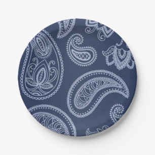 Elegant dark blue paisley pattern paper plate