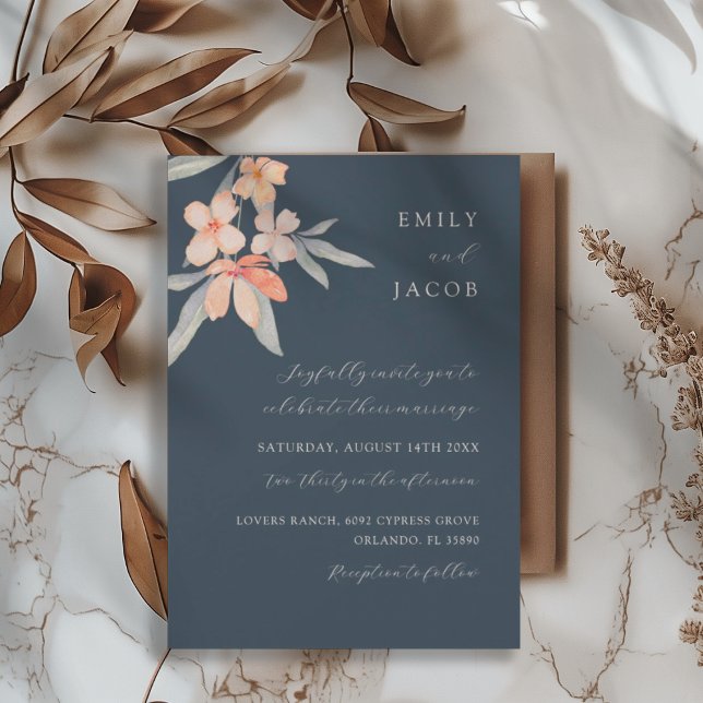 Elegant Dark Blue & Pale Orange Floral Wedding Invitation (Creator Uploaded)