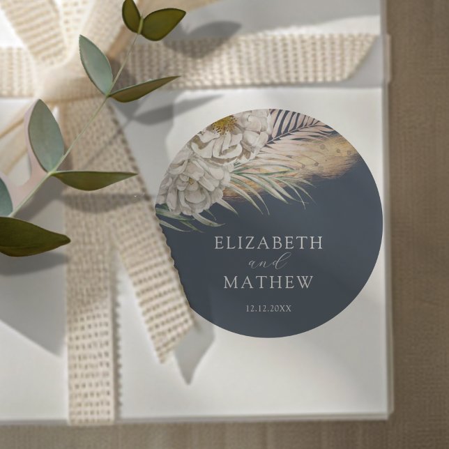 Elegant Dark Blue Pampas Grass Wedding Classic Round Sticker (Creator Uploaded)