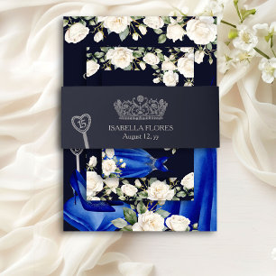 Elegant Dark Blue Quinceanera Tiara 15th Birthday Invitation Belly Band