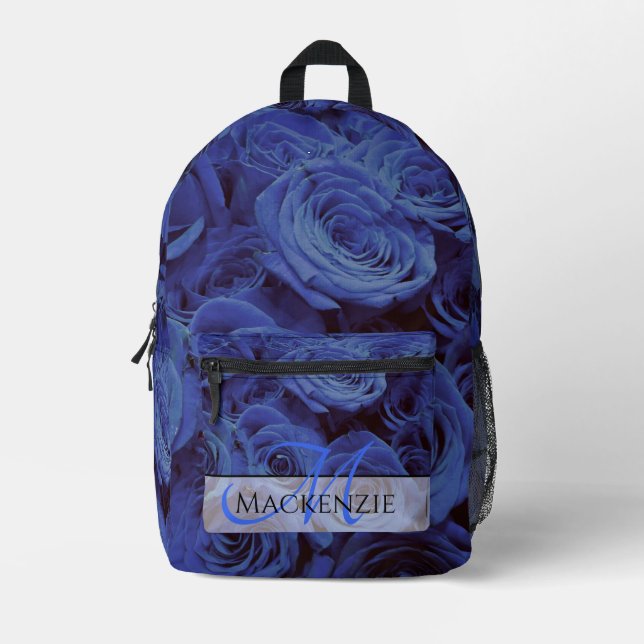 Elegant dark blue roses blue flowers blue floral printed backpack (Front)