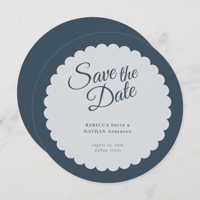 Elegant Dark Blue Script Scallop Wedding Save The Date (Front/Back)