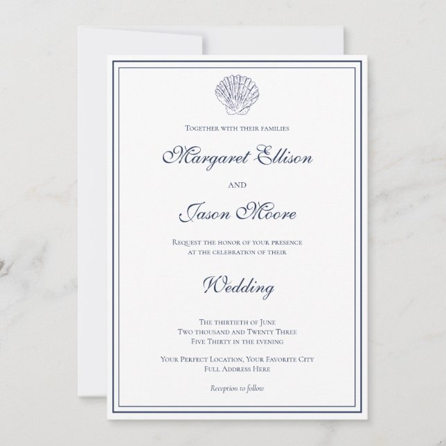 Elegant Dark Blue Shell Wedding Invitation (Front)