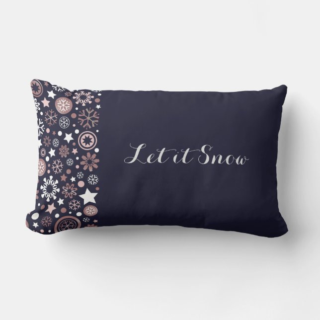 Elegant dark blue, shiny pink metallic snowflakes  lumbar cushion (Front)