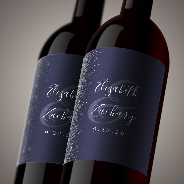 Elegant Dark Blue Silver Glitter Wedding Wine Label (Creator Uploaded)