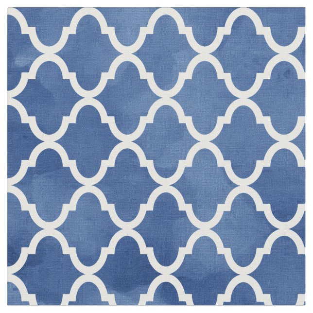 Elegant Dark Blue Watercolor Quatrefoil Pattern Fabric (Close Up)