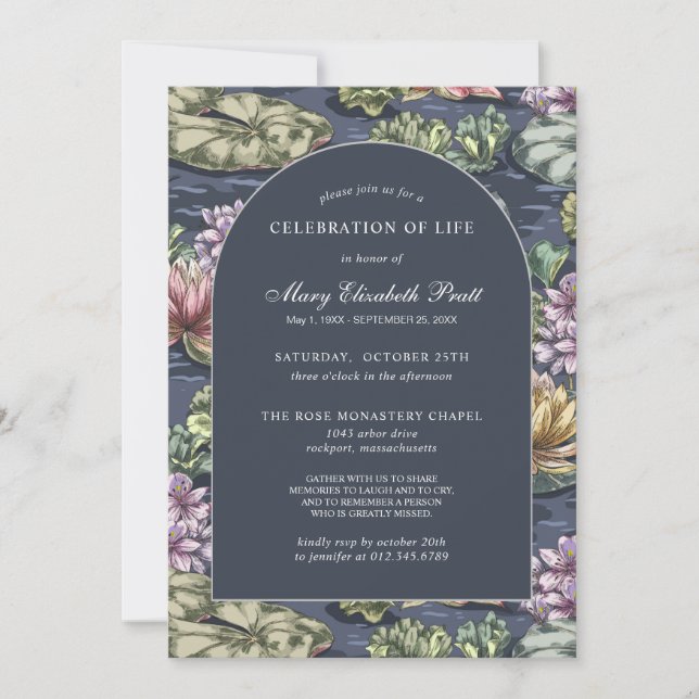 Elegant Dark Blue Waterlily Funeral Invitation (Front)
