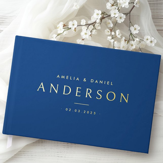 Elegant dark blue wedding names and date real guest book (Elegant dark blue wedding names and date real foil guest book)