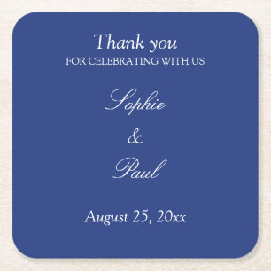 Elegant Dark Blue Wedding Thank You Square Paper Coaster