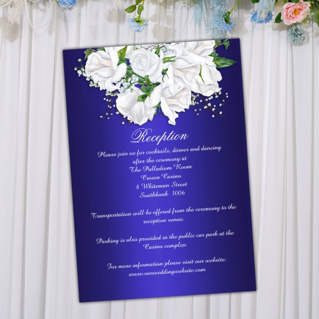 Elegant Dark Blue, White Roses Wedding Reception  Enclosure Card (Creator Uploaded)