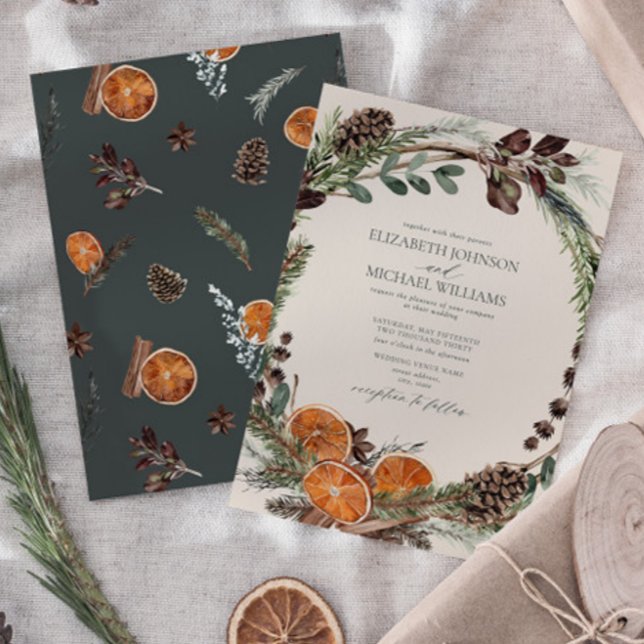Elegant Dark Boho Citrus Greenery Winter Wedding Invitation (Easily personalize this formal bohemian citrus invitation for the perfect fall or winter wedding)