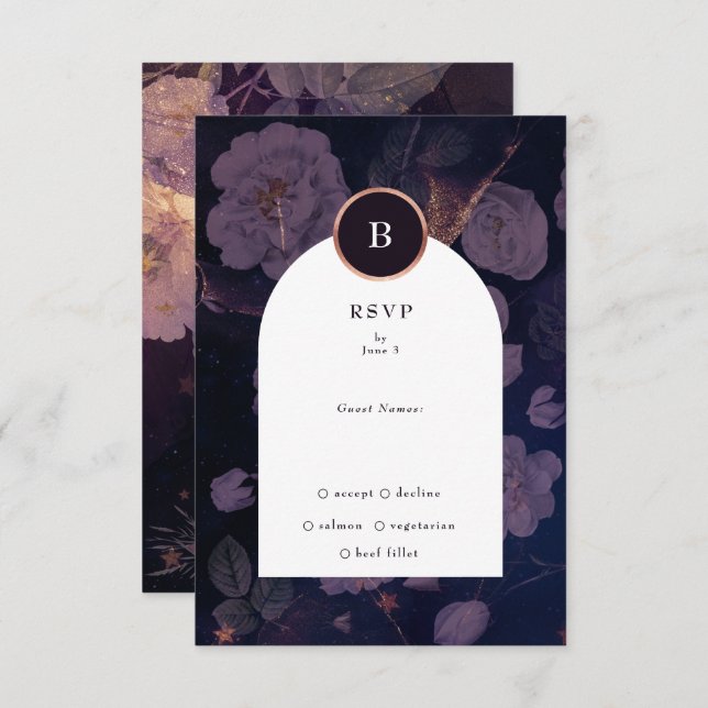 Elegant Dark Boho Floral Arch Rose Gold Wedding RSVP Card (Front/Back)