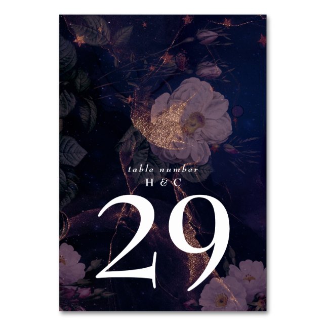 Elegant Dark Boho Floral Purple Fantasy Wedding Table Number (Front)