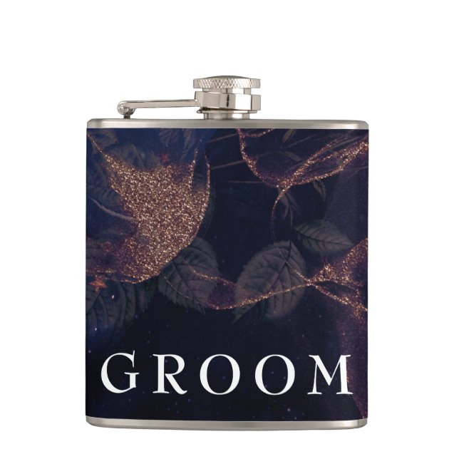 Elegant Dark Boho Purple Rose Gold Groomsmen Hip Flask (Front)