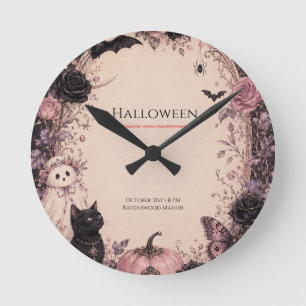 Elegant Dark Botanical Halloween Party Round Clock