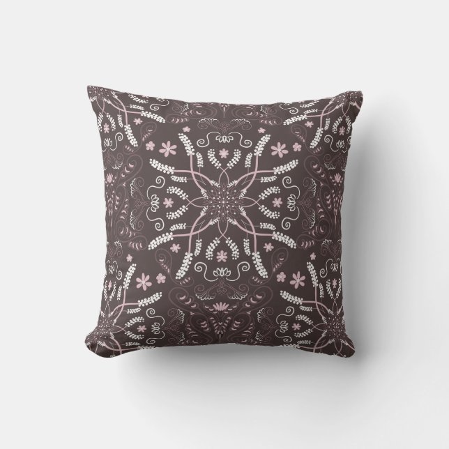 Elegant Dark Botanical Mandala Pattern Cushion (Front)
