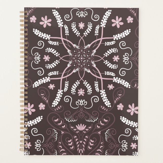Elegant Dark Botanical Mandala Pattern Planner (Front)